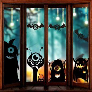 8Pack Jumbo Halloween Window Clings, Cute Black Monster Window Clings Stickers